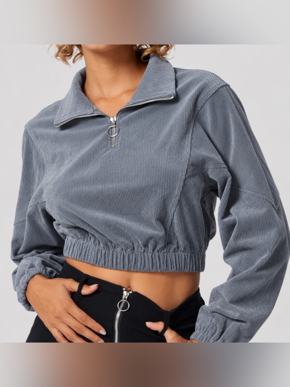 Halara Ribbed Corduroy Quarter Zip Crop Pullover Gray M NWT Play It My Way